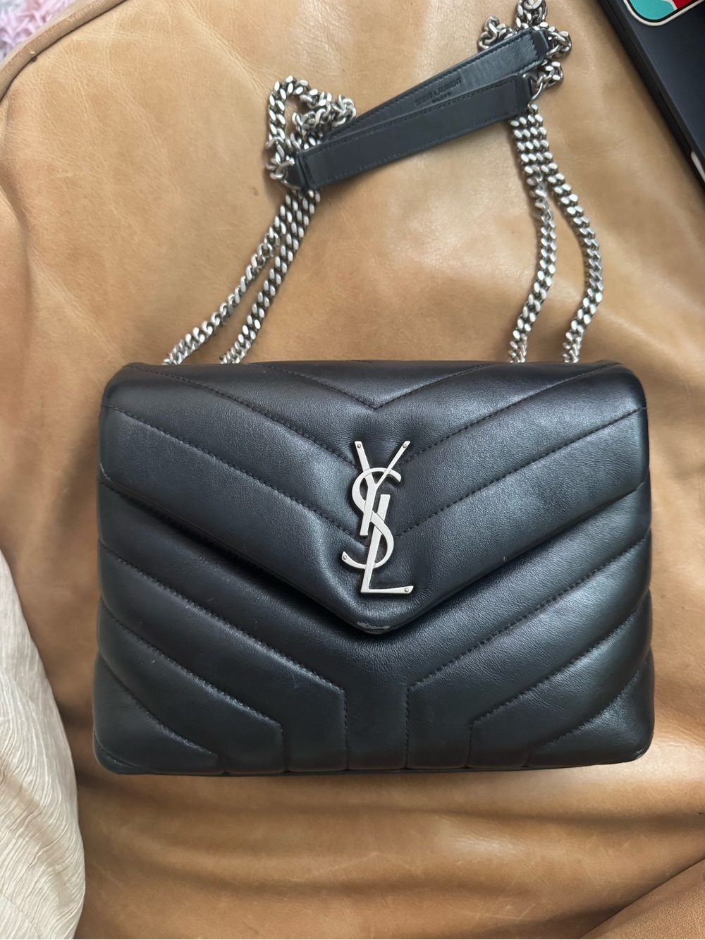 Saint Laurent Black Chevron Quilted Leather Shoulder Bag with Silver YSL Logo